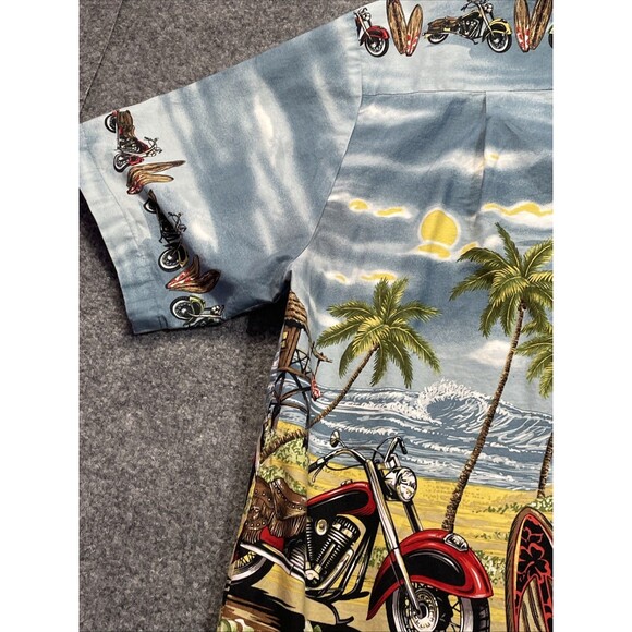 Ky's Hawaiian Shirt Men's Large Cotton Motorcycles Surfboards Tiki Hut Button-Up - Picture 16 of 16